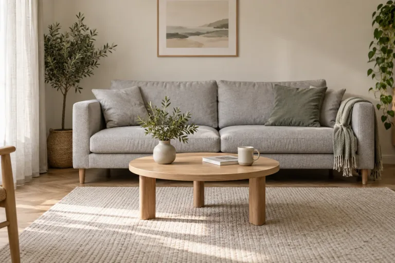 Round wooden coffee table in front of a light grey sofa