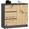 Kummut K80 JERRY CLP, 1 uks ja 3 sahtlit, halli/tamme värvi, 80 × 77 × 35 cm