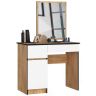 Tualettlaud peegliga CLP P-2/SL, vasakpoolne, 2 sahtlit, tammepuidu/valge, 90 × 142 × 50 cm