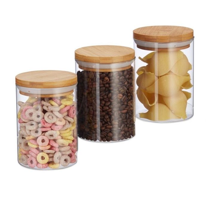 Komplektis 3 läbipaistvat mahutit puistetoodete jaoks 14x9,5cm, 0,6L, helepruun