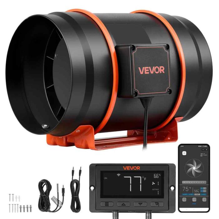 Канальный вентилятор VEVOR HF-200PE, 10 режимов скорости, 30 × 24 × 23 см