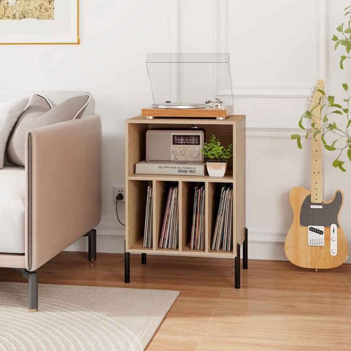 Patefono stovas, 2 lizdai, 2 USB ir C tipo prievadas, Natūrali, 53 × 78,5 × 45 cm