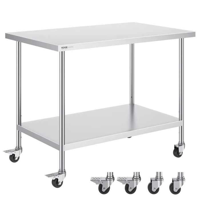 Roostevabast terasest töölaud 30x48x38 tolli, 3 taset, 4 ratast, hõbedane