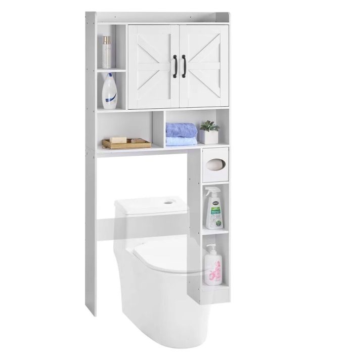 WC-poti kohal olev kapp, 168 cm, valge, uste ja riiuliga
