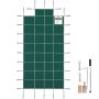 Защитное зеленое покрытие для прямоугольного бассейна размером 18x36 футов со ступенями и дренажными отверстиями.