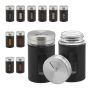 Set of 12 transparent spice shakers 8.5x5cm., black/silver color