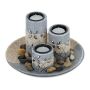 Set of 3 candle holders and tray, grey/beige
