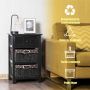 Set of 2 bedside tables with 3 levels, black, with drawer and wicker baskets