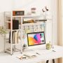 4-tier desk shelf with metal grid panel and 6 hooks, 94x25x74 cm, white