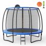 Trampoline, with safety net and basketball hoop, blue and black colors