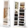 Rotating jewelry cabinet with mirror, 80 earring and 78 ring compartments, White, 43 × 38 × 160 cm