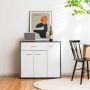 Buffet-type cabinet, with drawer and shelves, Gray/white, 35 × 31.5 × 16 inches