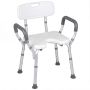 Shower chair, With backrest and armrests, White/silver, 59 × 68.5–81 × 46 cm
