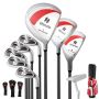 Set of golf clubs with bags, various colors
