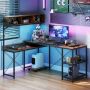 Corner computer desk, Left or right, With charging station and 3 drawers, Brown/black, 158 × 123 × 142 cm