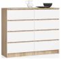 Kummut AKORD K120, 8 sahtlit, valge/tammevärvi, 120 × 99 × 40 cm