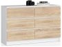 Kummut K120, 6 sahtlit, Valge/tamm, 120 × 77 × 40 cm