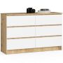 Kummut K120 CLP, 6 sahtlit, valge/tamm, 120 × 77 × 40 cm