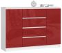 Chest of drawers NORE K140 with 4 drawers, white/red