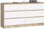 Kummut K140, 6 sahtlit, valge/tammevärvi, 138 × 77 × 40 cm