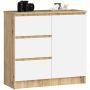 Kummut K80 JERRY, 1 uks, 3 sahtlit, tammevalge, 80 × 77 × 35 cm
