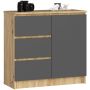 Kummut K80 JERRY, 1 uks, 3 sahtlit, tammehall, 80 × 77 × 35 cm