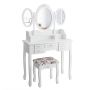 Cosmetic set with three-sided mirror and padded stool, white