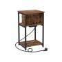 Bedside table with power socket and USB ports, vintage brown - black