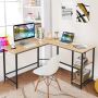 L-shaped computer desk with 2-tier shelf, natural