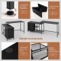 L-shaped transforming desk 205 cm with charging station and 3 drawers, black