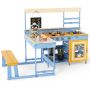 Wooden outdoor play kitchen, with picnic table and 7 dessert dishes, 150 × 71 × 98 cm