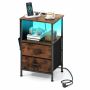 Bedside table, 2 drawers, 4 charging ports, Brown/black, 38 × 60 × 30 cm