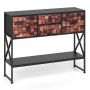 Hallway table with 4 fabric drawers and open shelf, wooden, brown mosaic pattern