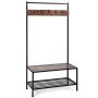 Hallway stand with five hooks, bench and metal shoe shelf, brown
