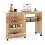Folding sewing table with 2 storage compartments and 5 casters, natural