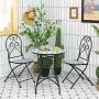 Three-piece mosaic bistro furniture set with round table and 2 folding chairs, black