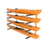 Wall-mounted kayak storage rack with 4 compartments, adjustable padded holders, 181 kg load capacity