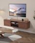 Floating TV stand against the wall, 60 inch, walnut color, with shelf and sliding doors