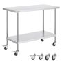 Stainless Steel Work Table, 24x48x38 Inch, 4 Casters, 3 Height Levels, Silver