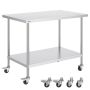 Stainless steel workbench 30x48x38 inches, 3 levels, 4 casters, silver
