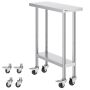 Stainless Steel Work Table, 30x12x38 Inch, 4 Casters, 3 Adjustable Heights, Silver, for Commercial Kitchen