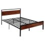 Double bed black metal frame with retro brown wooden headboard, 35 cm, platform bed with storage