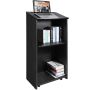 Black wooden podium stand with shelves and casters, 119 cm
