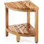 Corner teak shower bench, 43 cm high, 30 cm radius, with shelf
