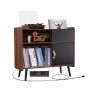 Record player stand with power outlet, brown, holds 350 albums