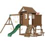 Wooden outdoor playground set with swings and slide