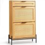 Slim rattan shoe cabinet with drawers, metal legs, light wood