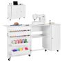 Folding sewing table with cabinet, white, casters, compact design