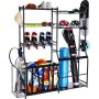 Golf equipment storage rack with baskets and stands, steel, black