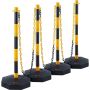 Adjustable traffic barrier bollards, 4 pcs., yellow with black, 8 ft. chain